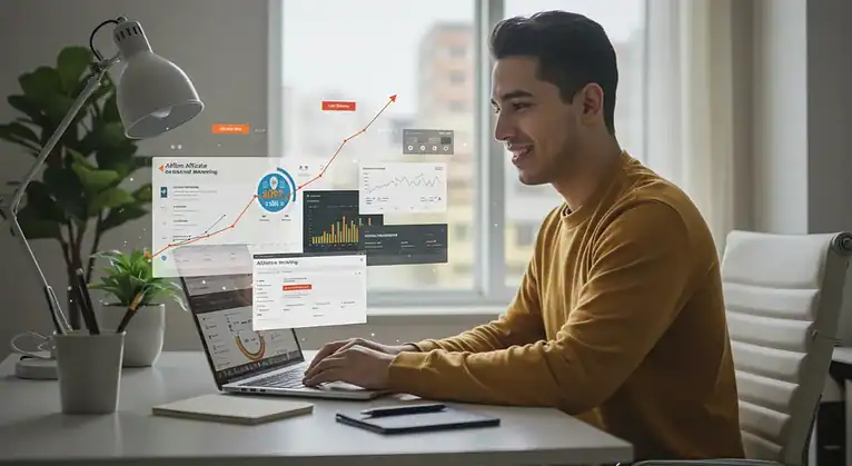 Affiliate marketing success: Man analyzing blog data on laptop.